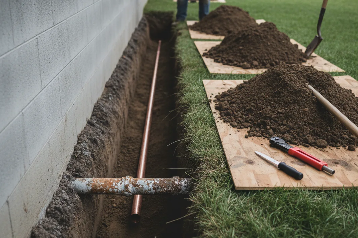 Excavated water line trench during Sewer Line Repair in Wading River